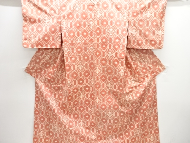 丸に抽象花模様織り出し手織り紬着物